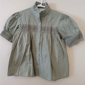 DownEast Sage Green Lace-Trim Ruffled Collar Blouse